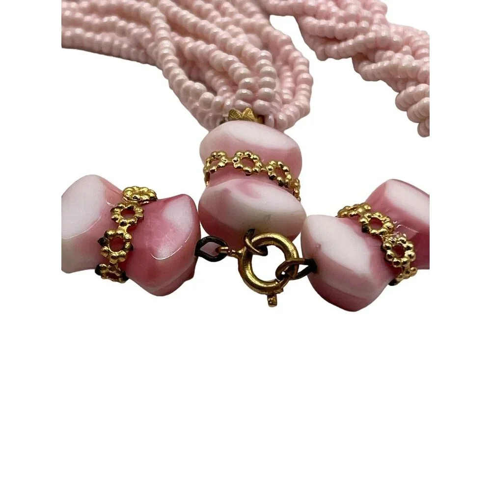 VTG Pink Seed Bead Milk‎ Glass Multi Strand Braided Tassel Necklace Earring Set